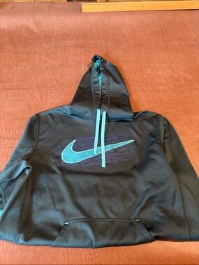 Nike Black Hoodie with Teal Swoosh and Teal Drawstrings